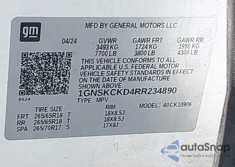 2024 Chevrolet Suburban 4Wd Lt из США, поврежденный, VIN 1GNSKCKD4RR234890